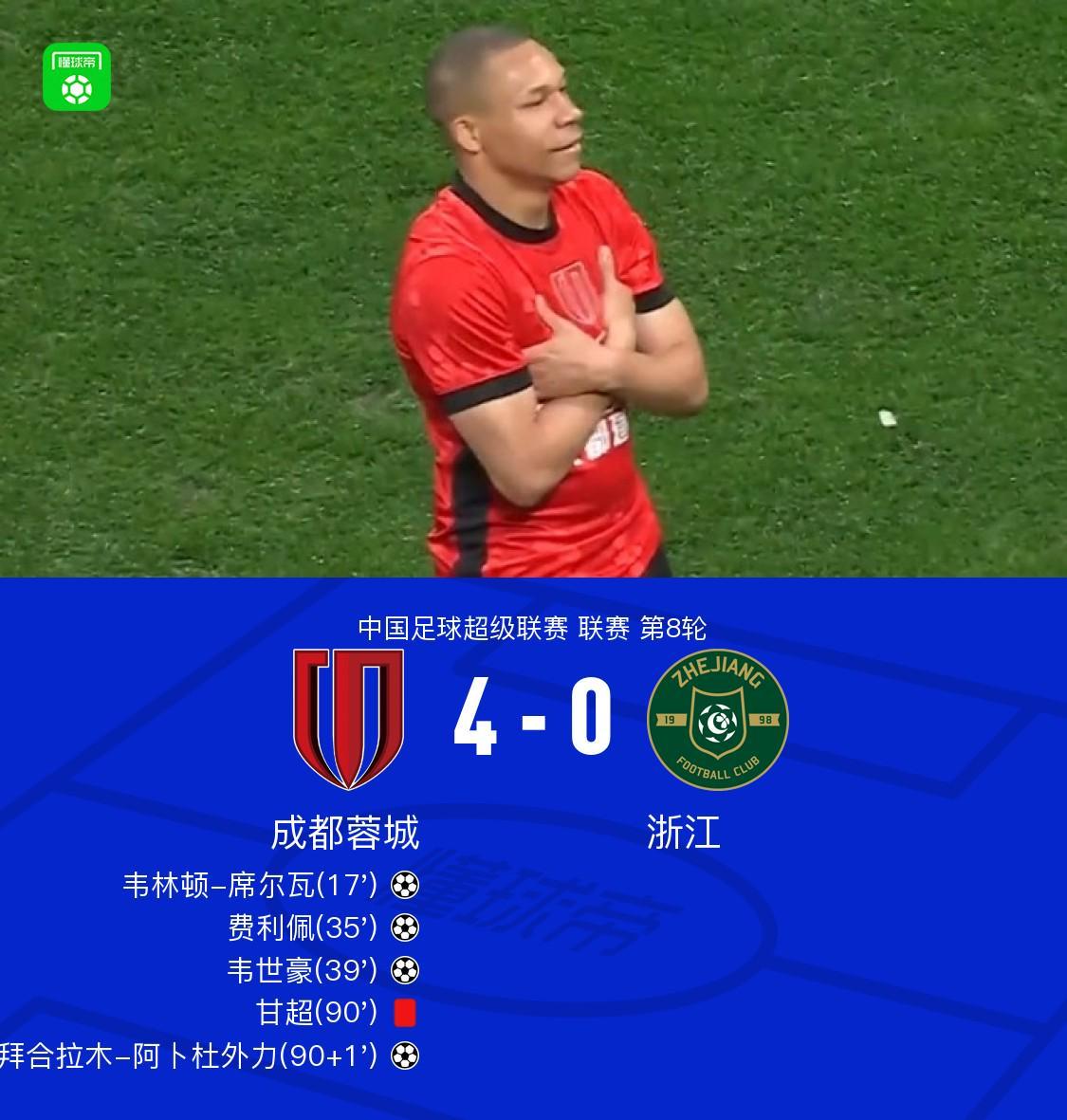 九游娱乐-成都4-0浙江，席尔瓦传射，韦世豪、费利佩、拜合拉木破门